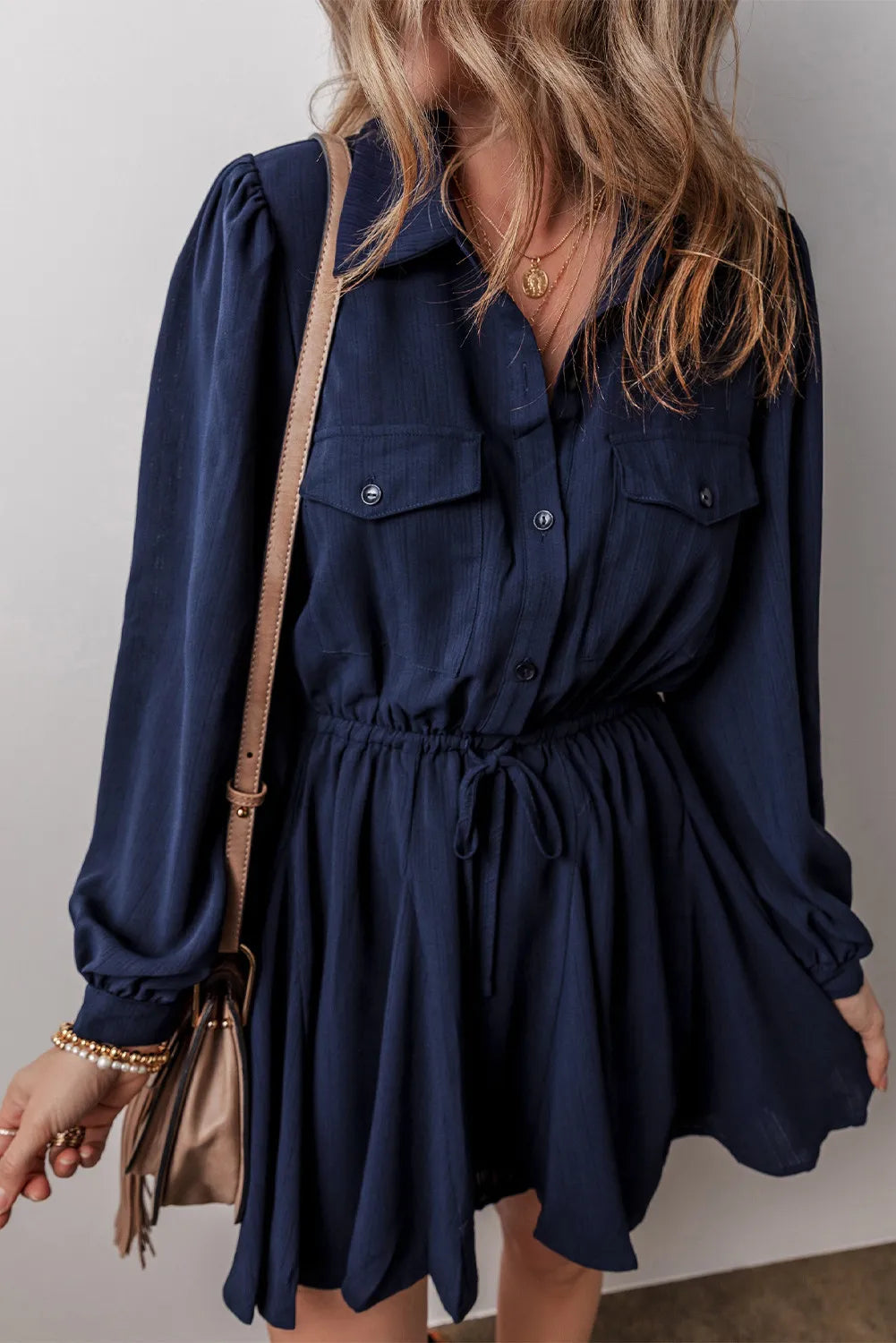 Drawstring Half Button Long Sleeve Dress.