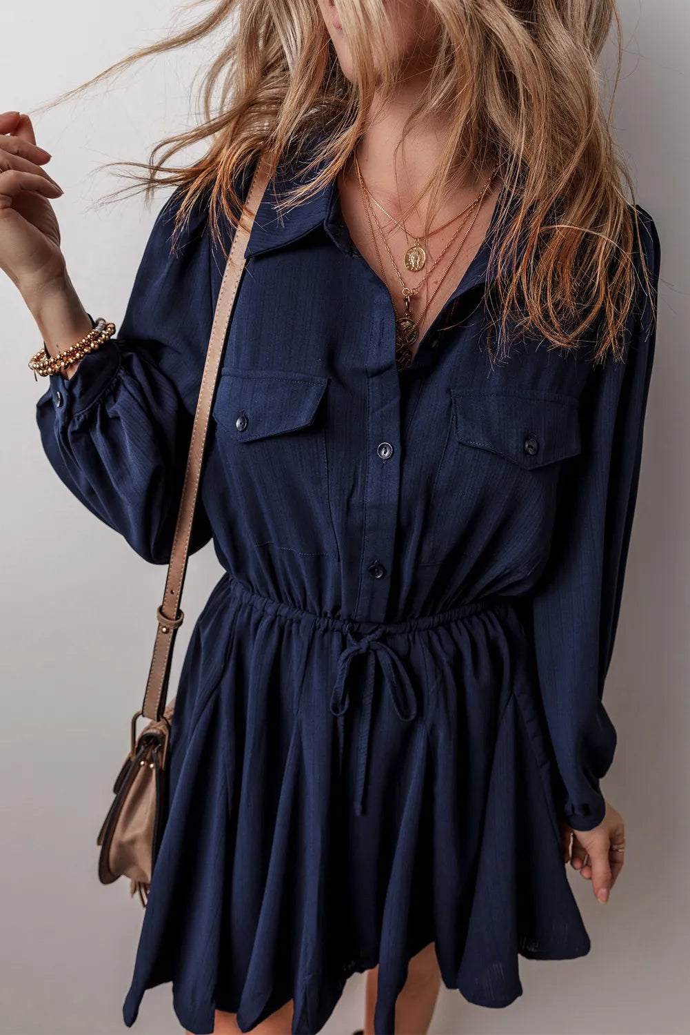 Drawstring Half Button Long Sleeve Dress.