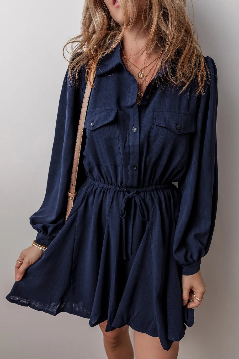 Drawstring Half Button Long Sleeve Dress.