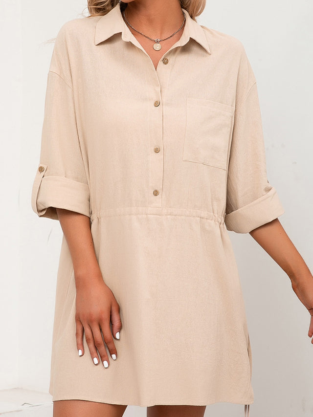Ivy Lane Drawstring Half Button Roll-Tab Sleeve Dress.