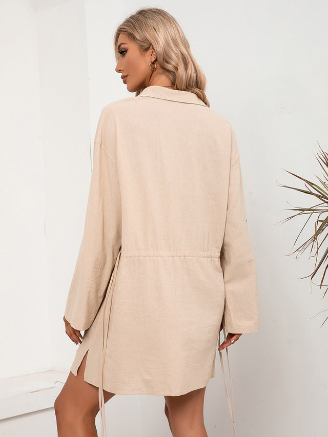 Ivy Lane Drawstring Half Button Roll-Tab Sleeve Dress.