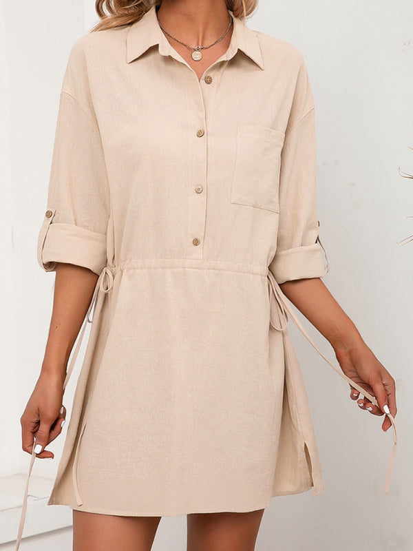 Ivy Lane Drawstring Half Button Roll-Tab Sleeve Dress.