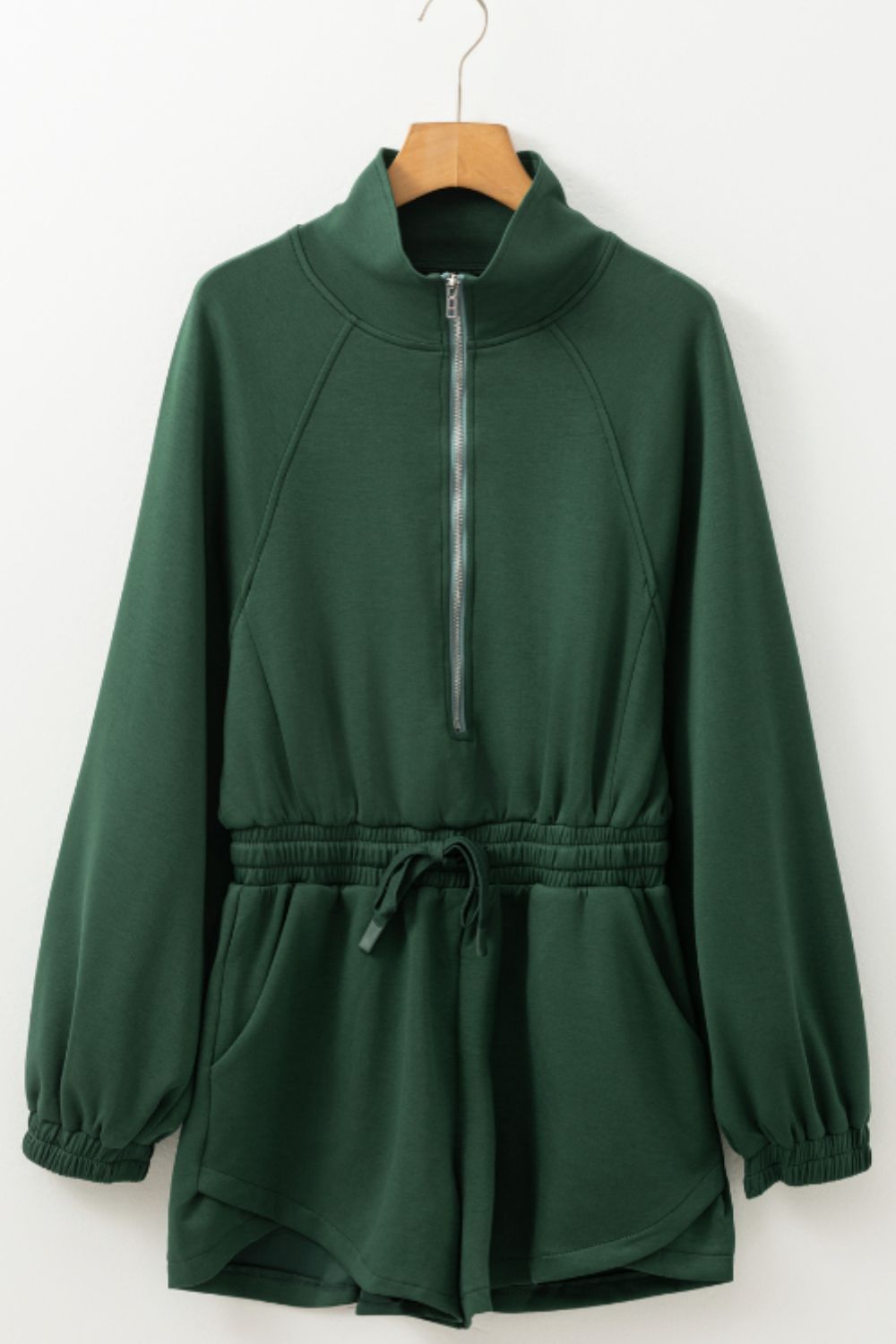 Drawstring Half Zip Long Sleeve Romper.