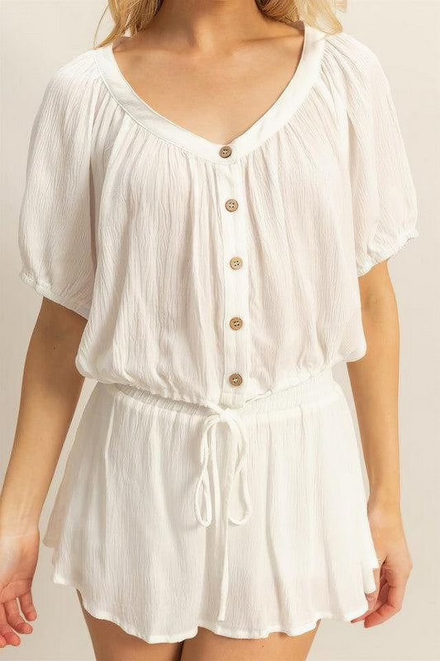 Women's short sleeve top and skort set with drawstring hem and button details