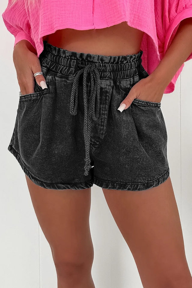 Drawstring high-waist denim shorts with pockets.