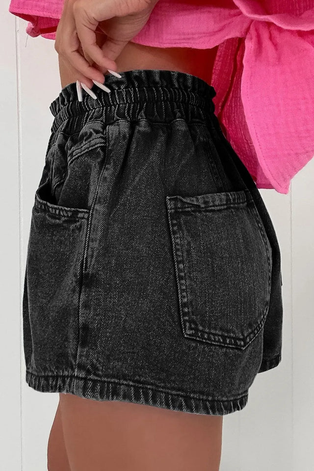 Drawstring high-waist denim shorts with pockets.
