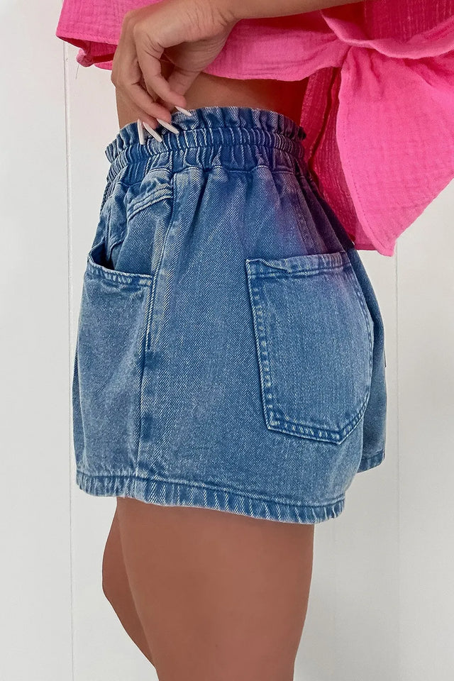 Drawstring high-waist denim shorts with pockets.