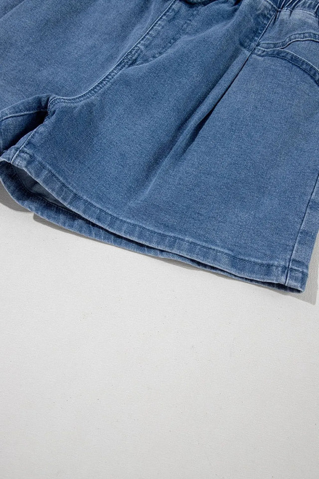 Drawstring high-waist denim shorts with pockets.