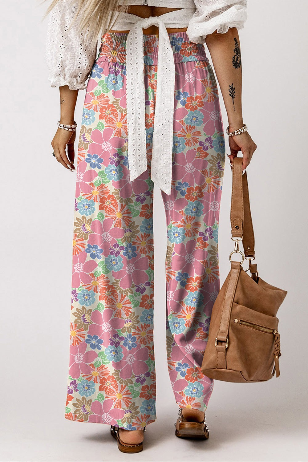 Drawstring high waist printed wide leg pants, opaque.