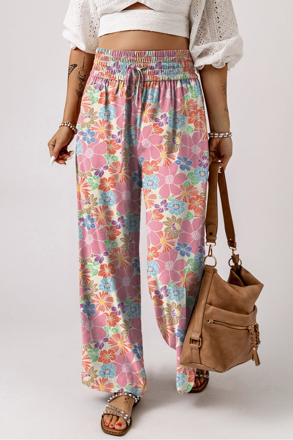 Drawstring high waist printed wide leg pants, opaque.