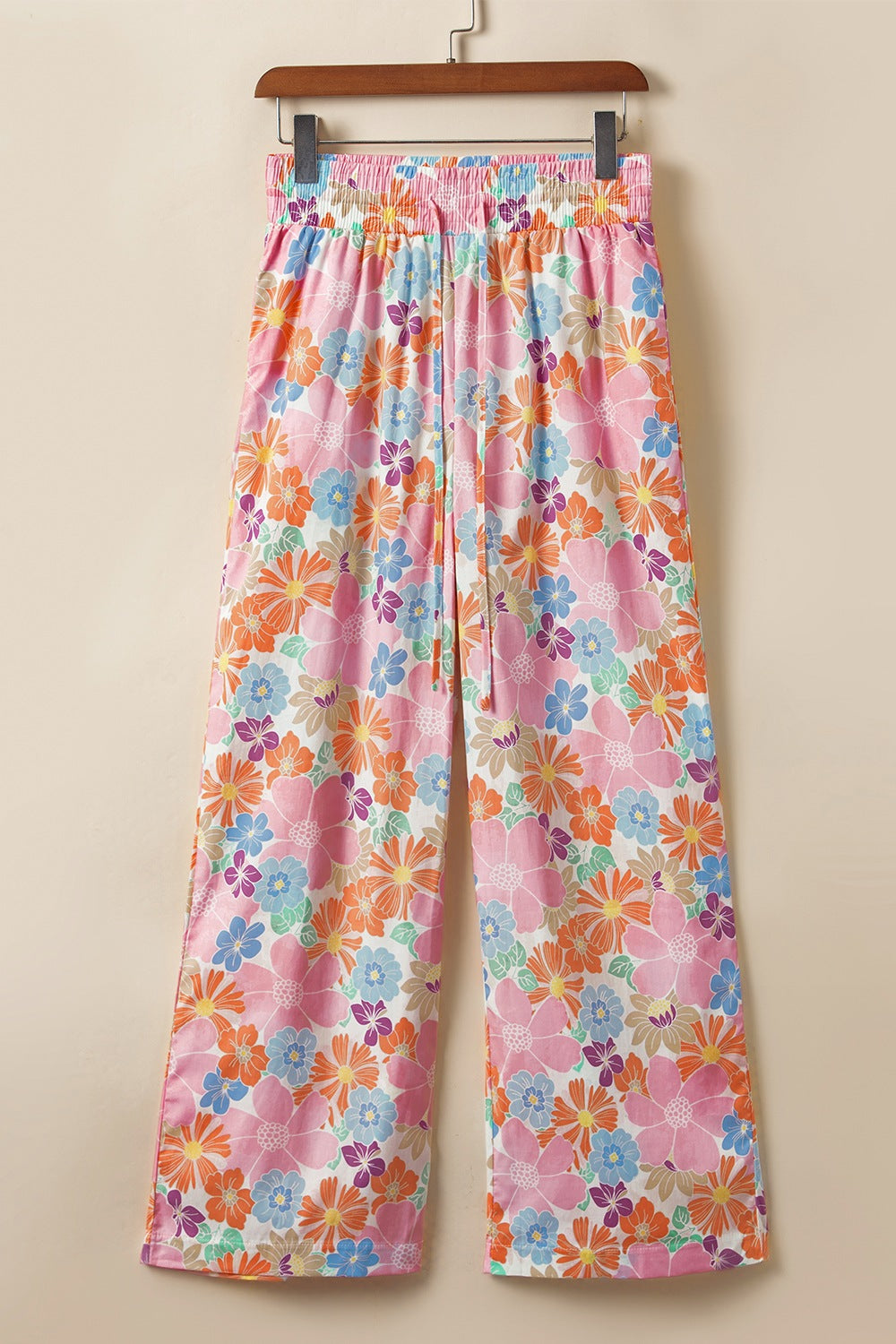 Drawstring high waist printed wide leg pants, opaque.