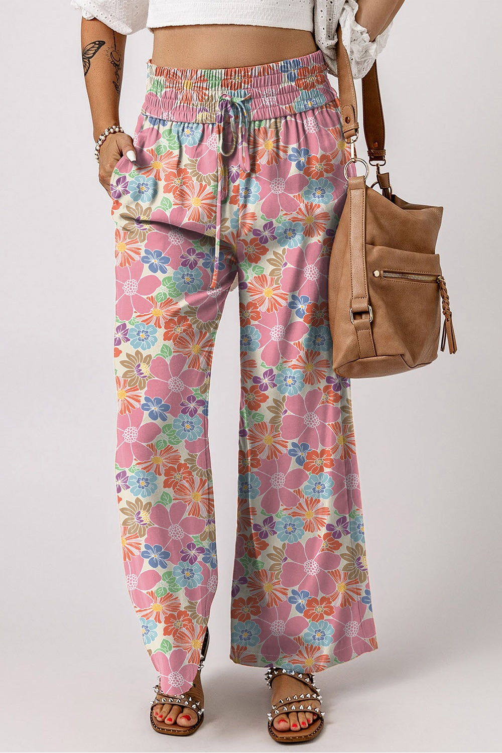 Drawstring high waist printed wide leg pants, opaque.
