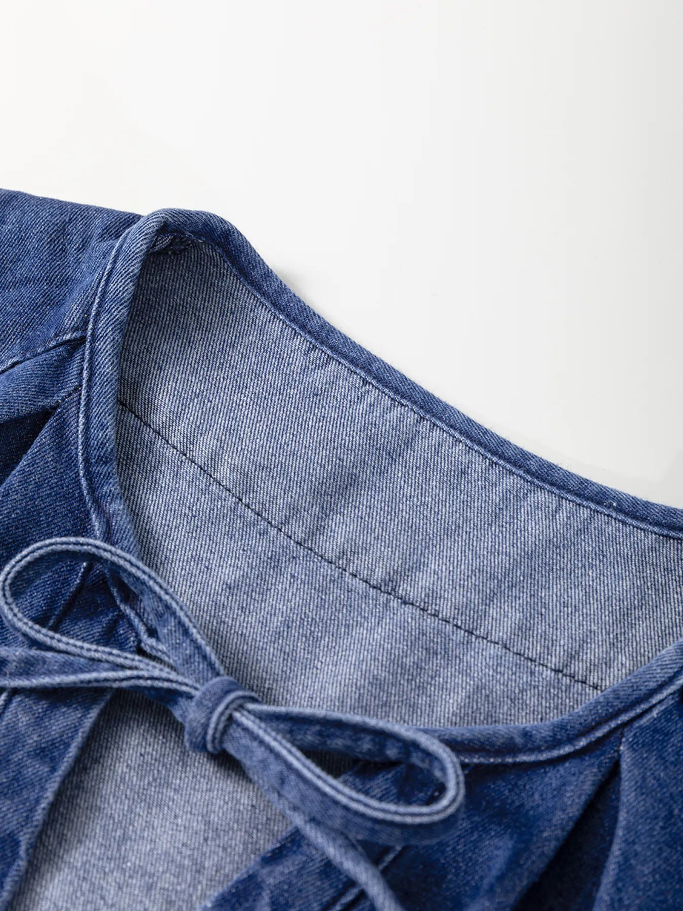 Drawstring High Waist Puff Sleeve Denim Mini Dress.
