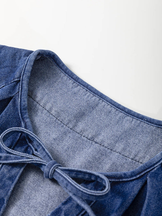 Drawstring High Waist Puff Sleeve Denim Mini Dress.