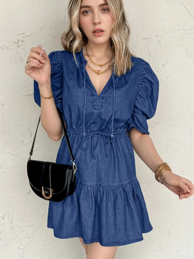 Drawstring High Waist Puff Sleeve Denim Mini Dress.