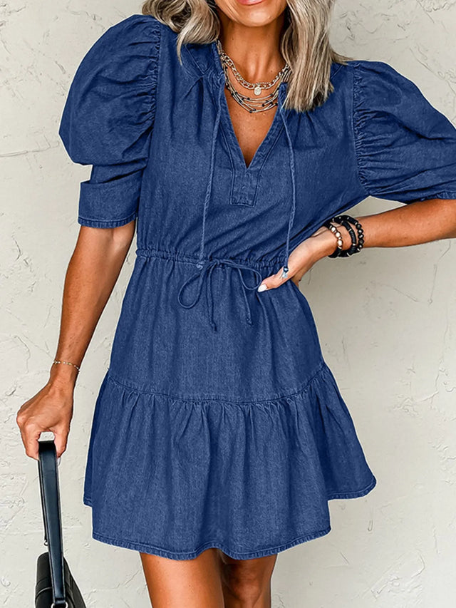 Drawstring High Waist Puff Sleeve Denim Mini Dress.