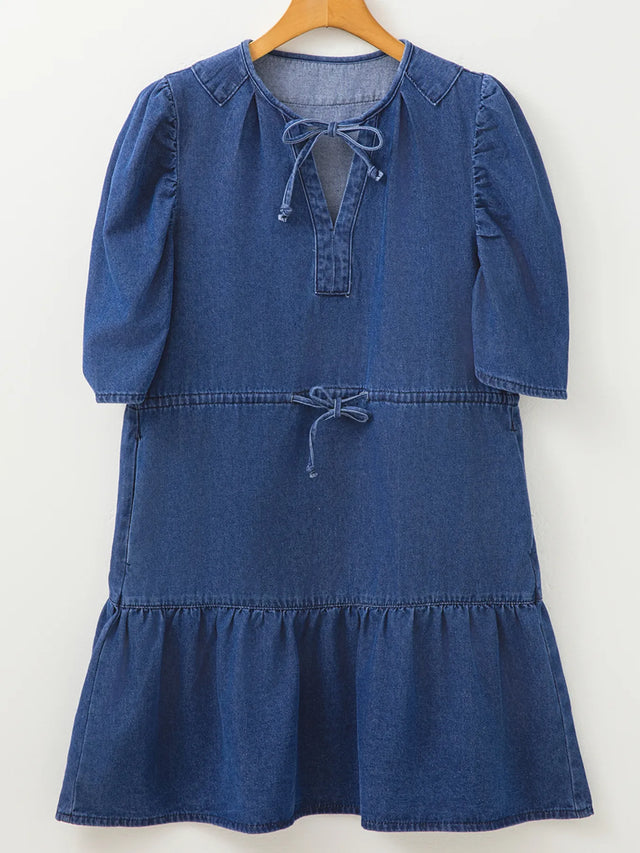 Drawstring High Waist Puff Sleeve Denim Mini Dress.