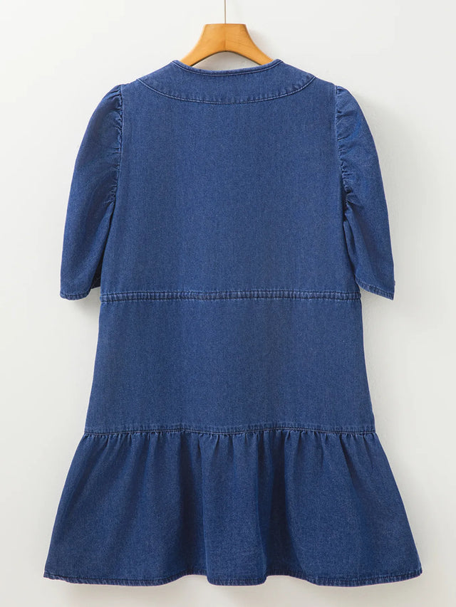 Drawstring High Waist Puff Sleeve Denim Mini Dress.