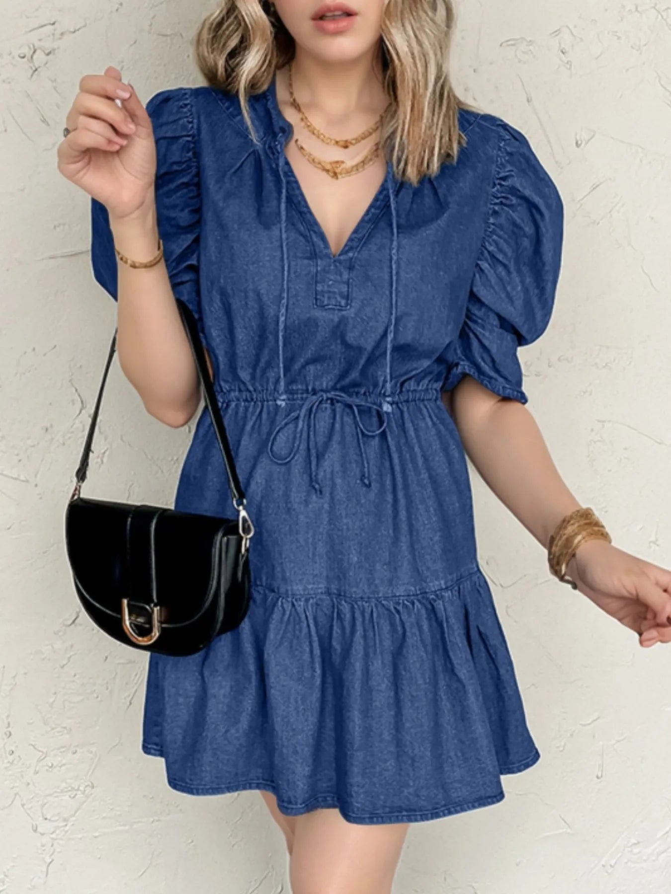 Drawstring High Waist Puff Sleeve Denim Mini Dress.