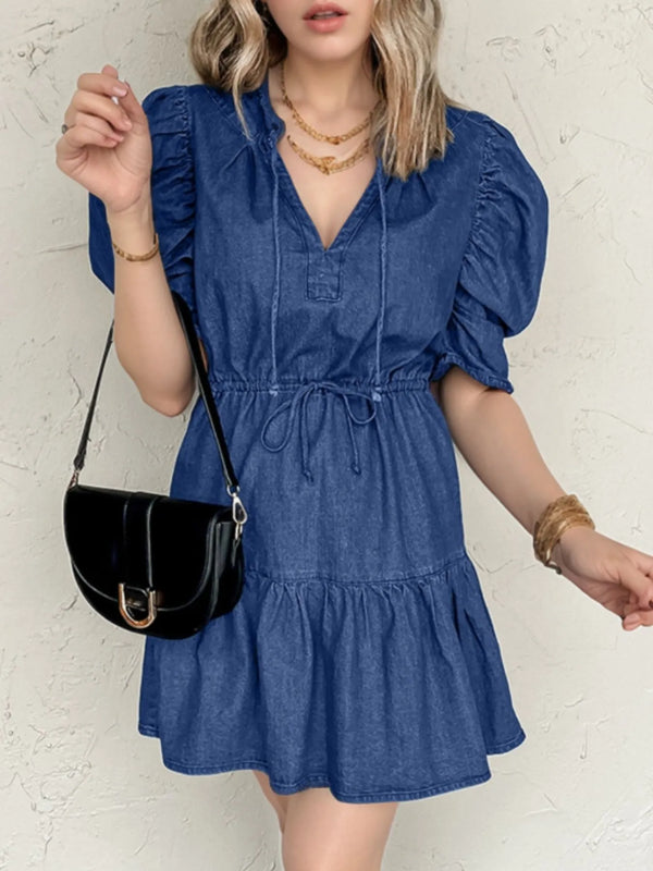 Drawstring High Waist Puff Sleeve Denim Mini Dress.