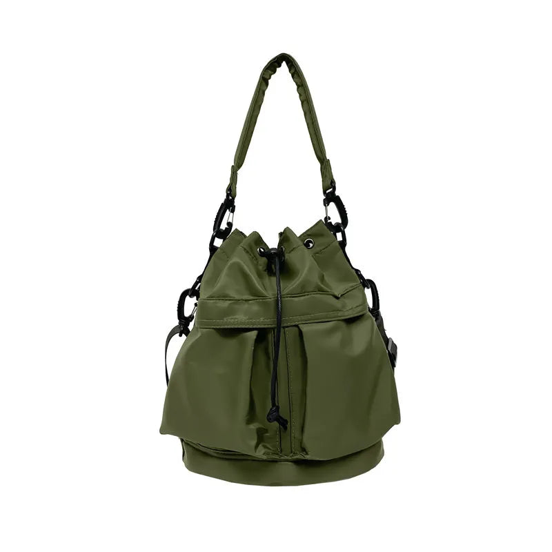 Medium nylon drawstring bucket bag.