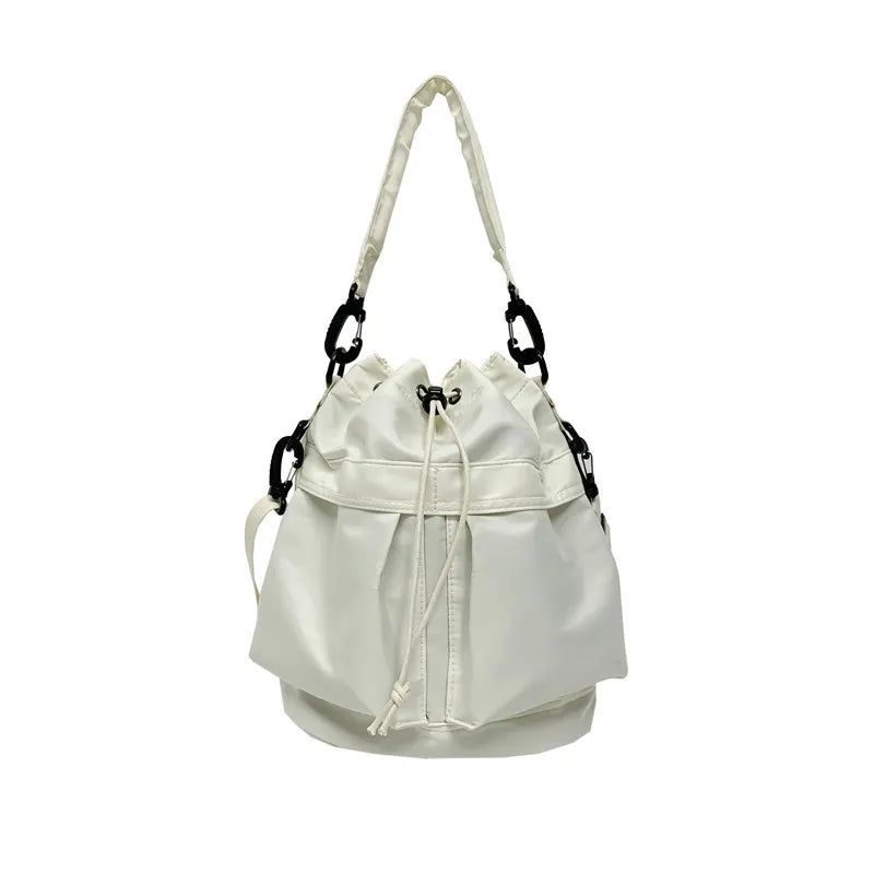 Medium nylon drawstring bucket bag.
