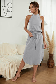 Drawstring Open Back Slit Sleeveless Midi Dress.