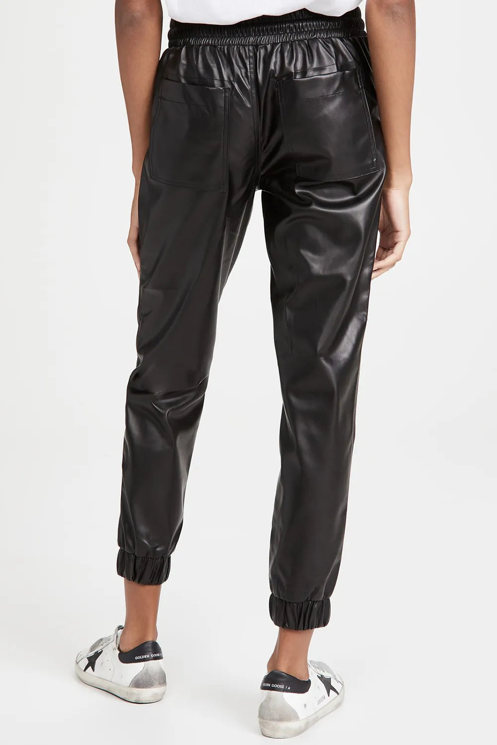 Drawstring PU leather pants with pockets, opaque.