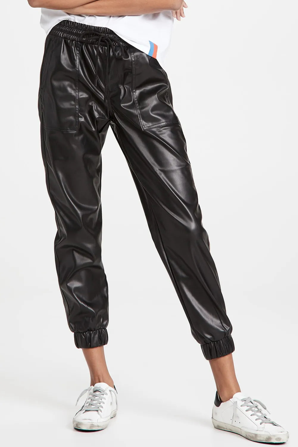 Drawstring PU leather pants with pockets, opaque.