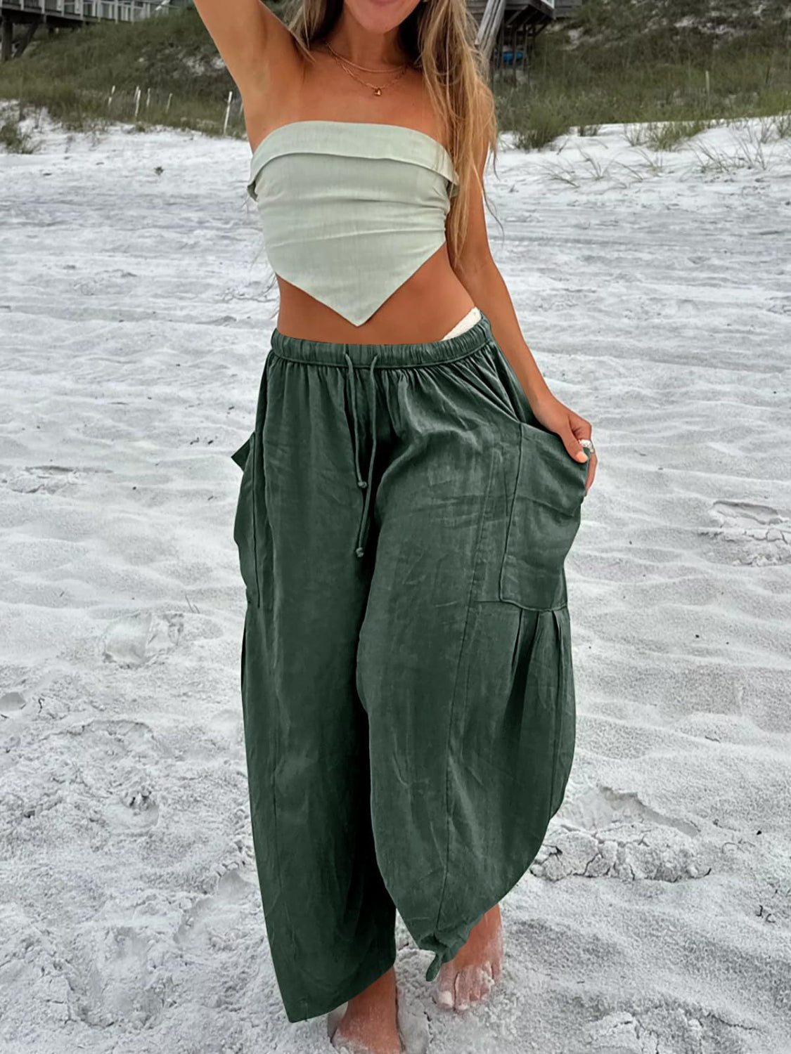 Drawstring pants with pockets plus size, opaque.
