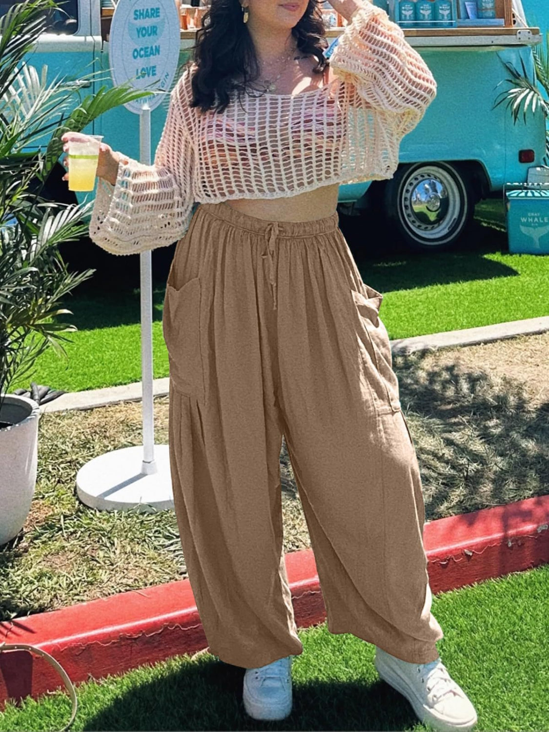 Drawstring pants with pockets plus size, opaque.