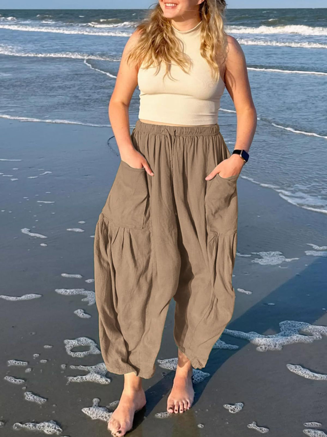 Drawstring pants with pockets plus size, opaque.
