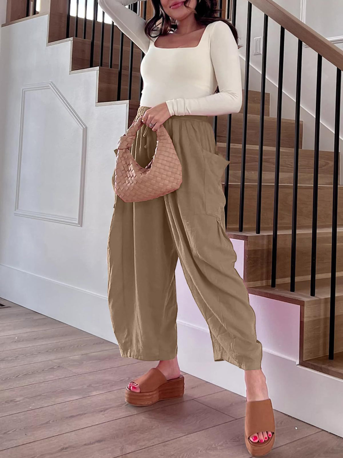 Drawstring pants with pockets plus size, opaque.