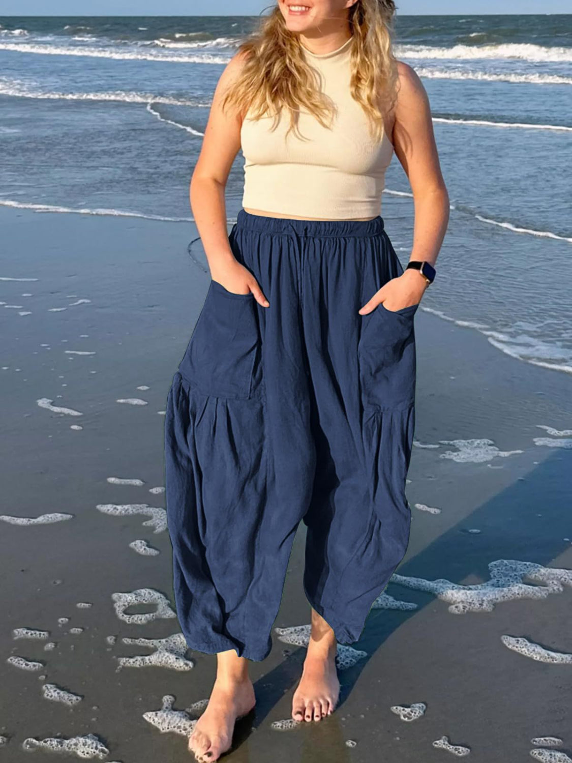Drawstring pants with pockets plus size, opaque.