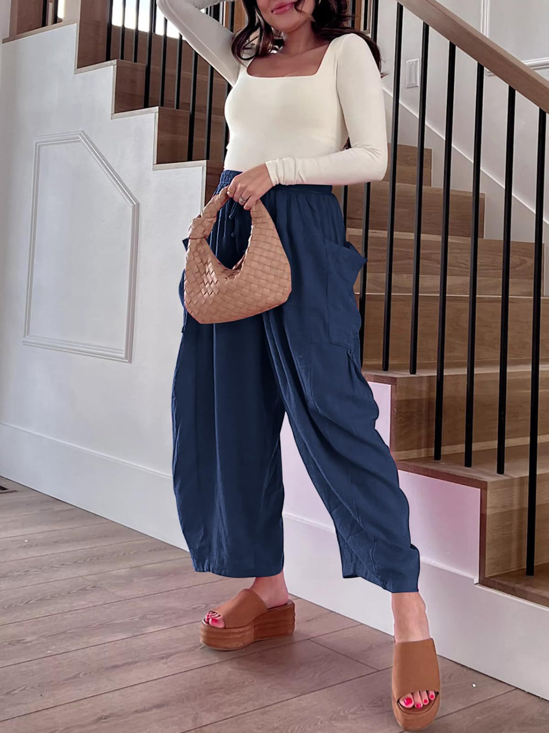 Drawstring pants with pockets plus size, opaque.