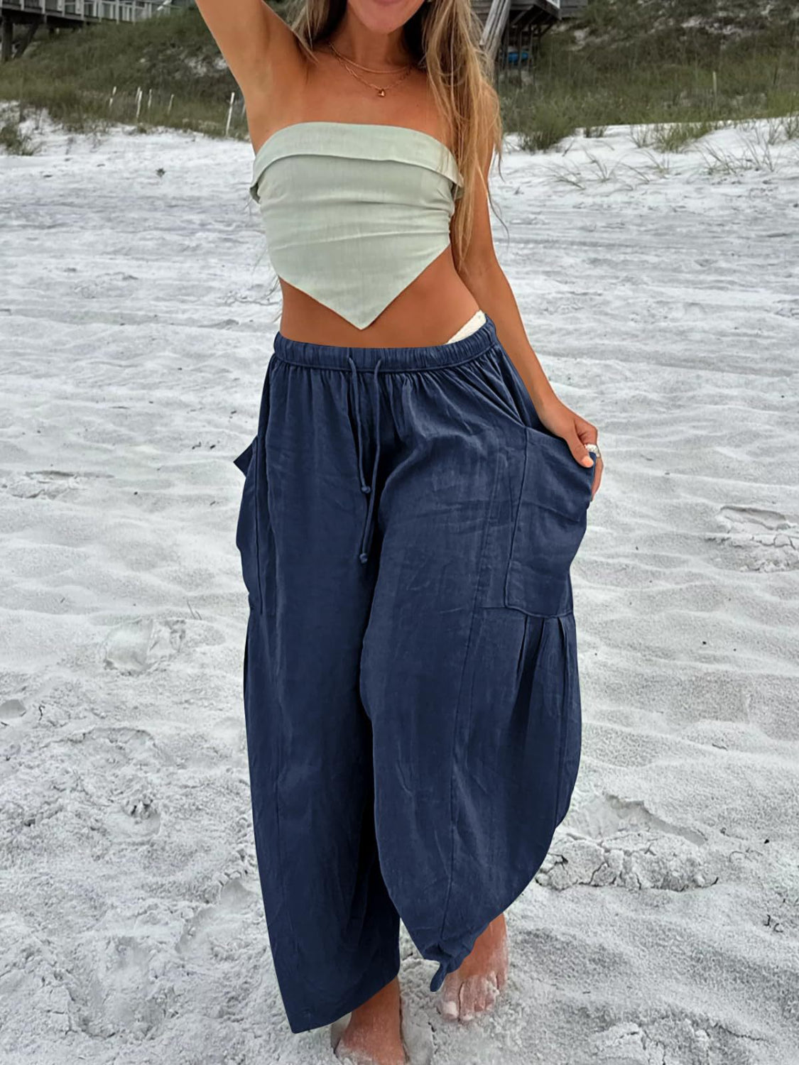 Drawstring pants with pockets plus size, opaque.