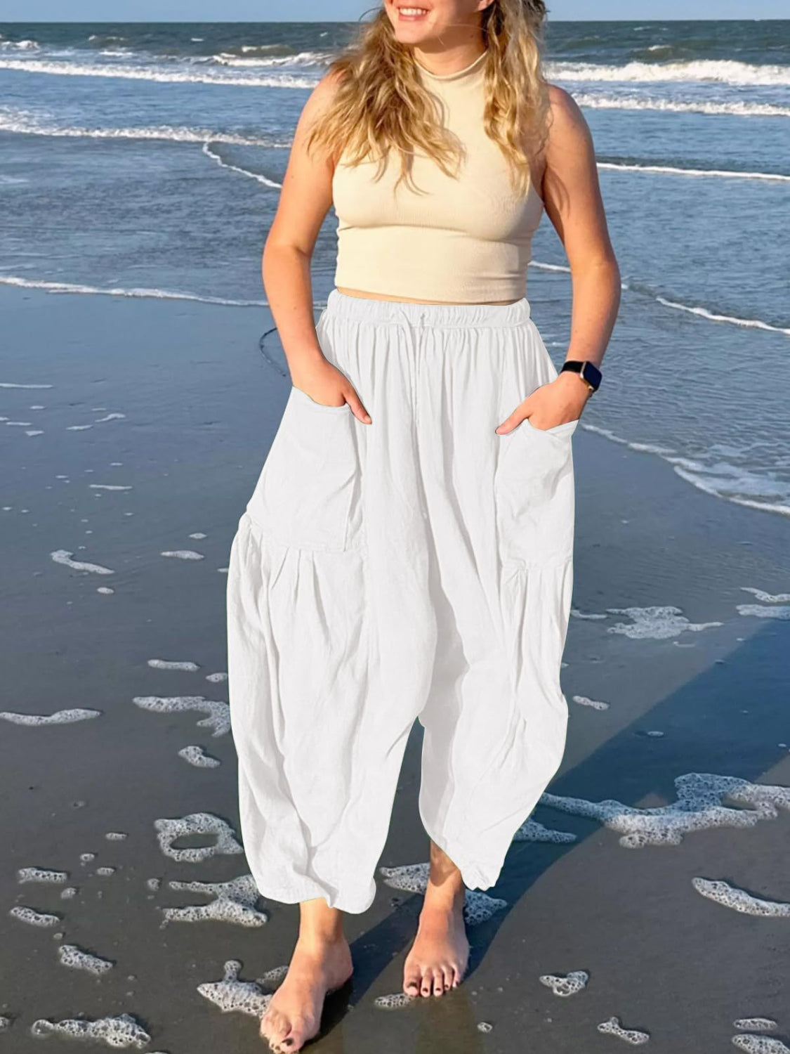 Drawstring pants with pockets plus size, opaque.