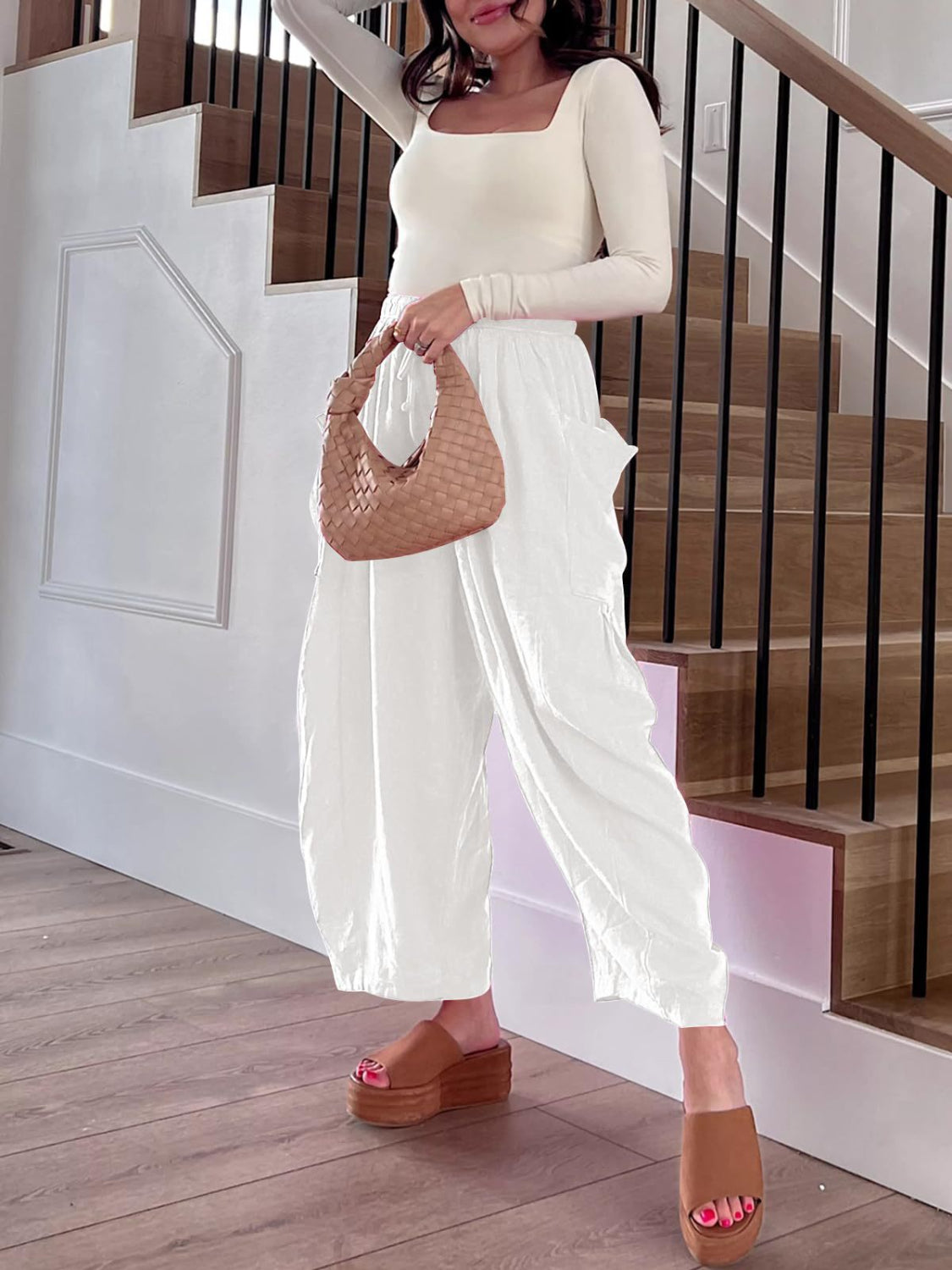 Drawstring pants with pockets plus size, opaque.