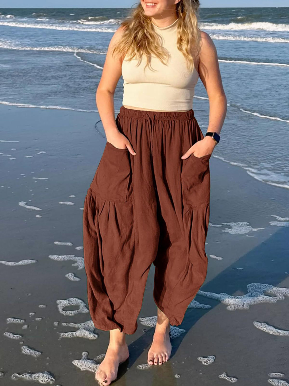 Drawstring pants with pockets plus size, opaque.
