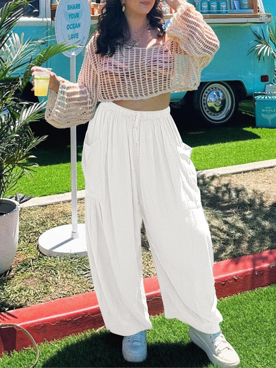 Drawstring pants with pockets plus size, opaque.