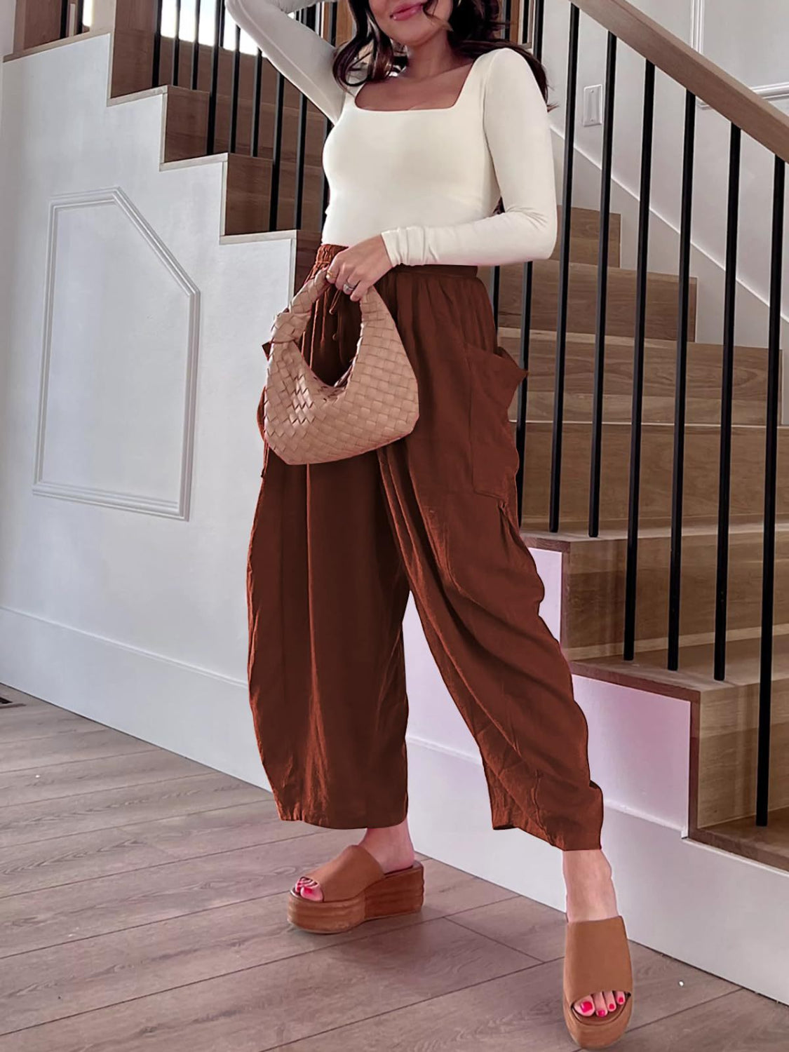 Drawstring pants with pockets plus size, opaque.