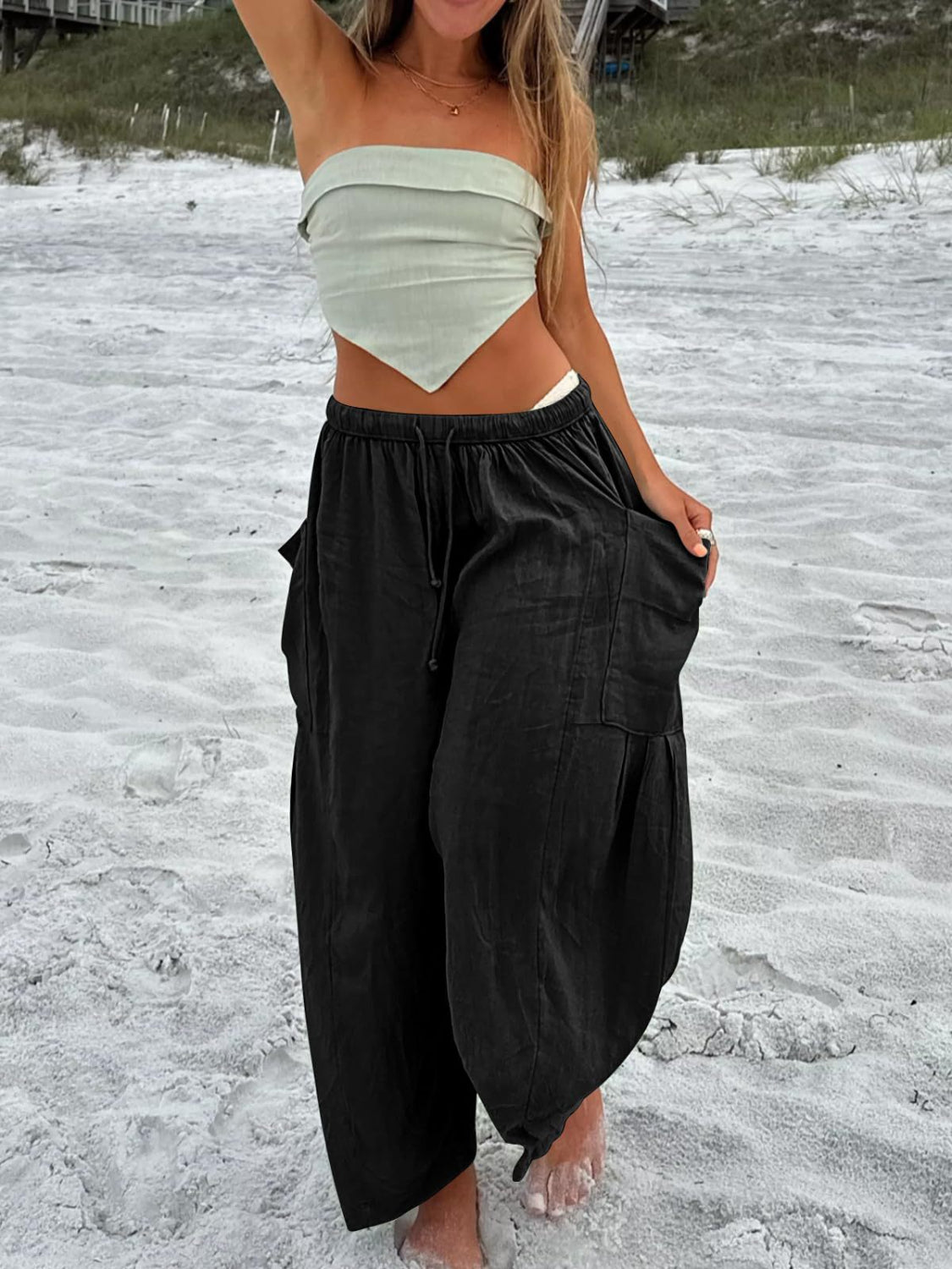 Drawstring pants with pockets plus size, opaque.
