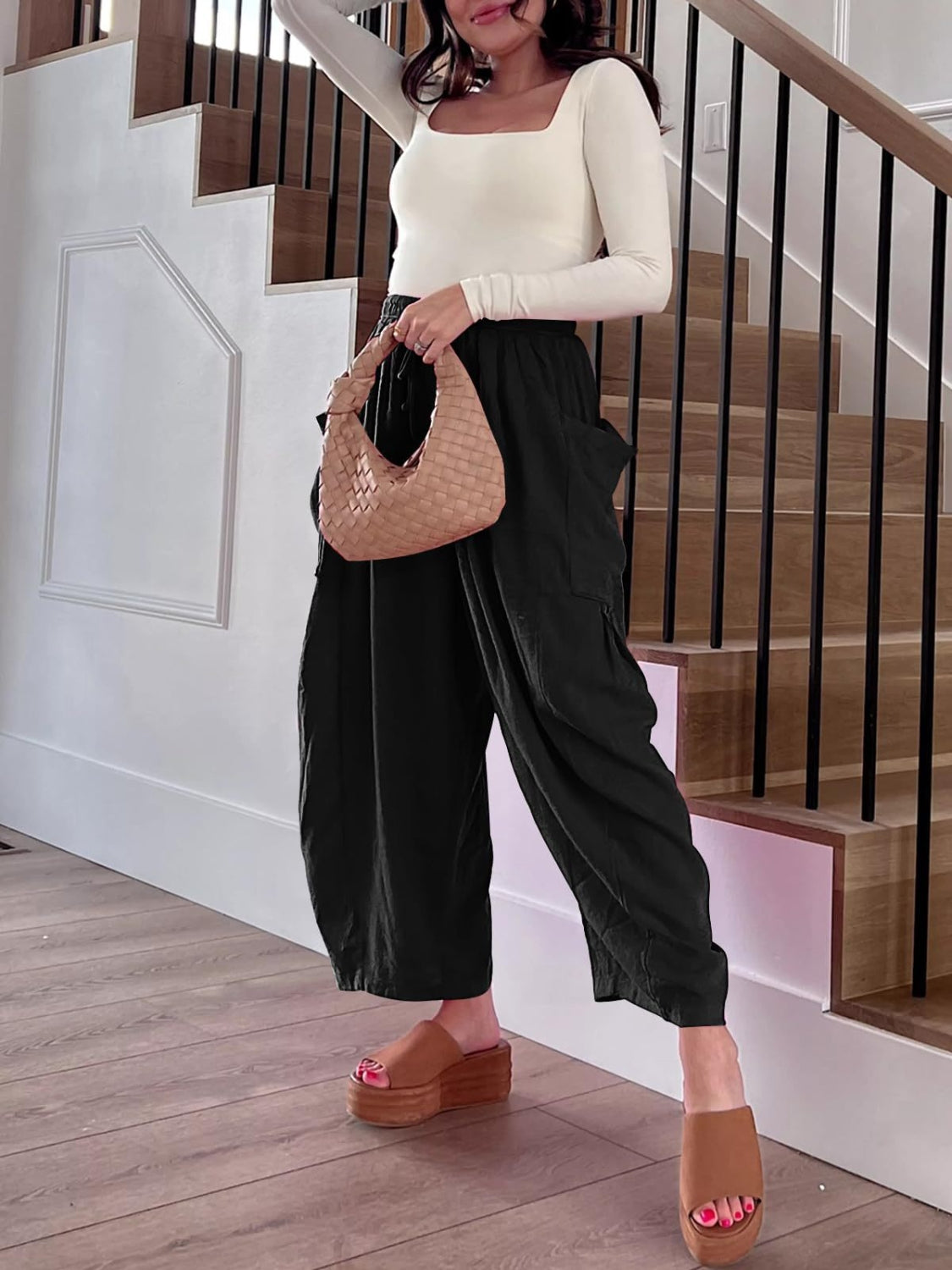 Drawstring pants with pockets plus size, opaque.