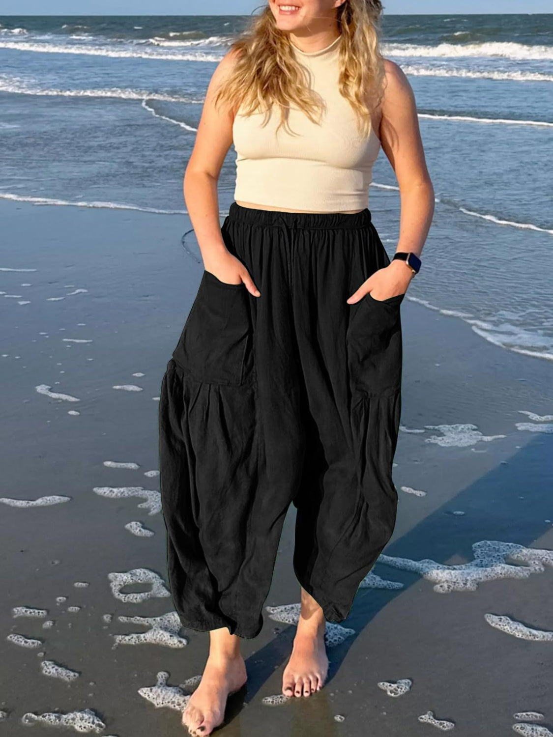 Drawstring pants with pockets plus size, opaque.