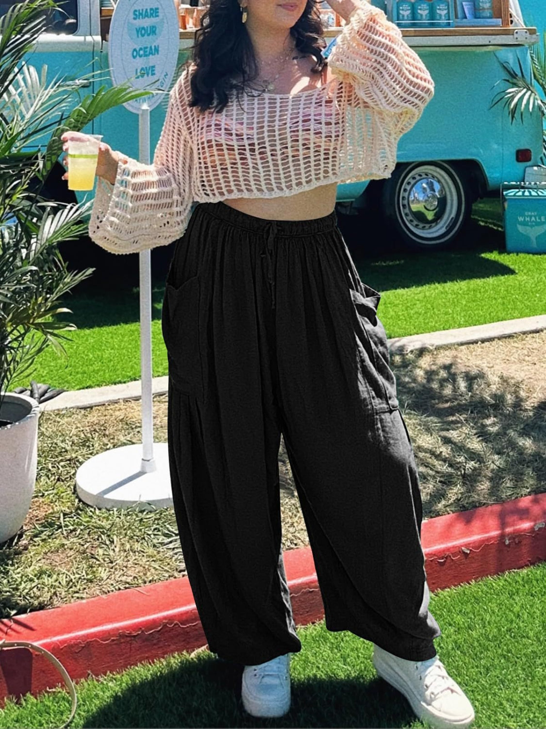 Drawstring pants with pockets plus size, opaque.