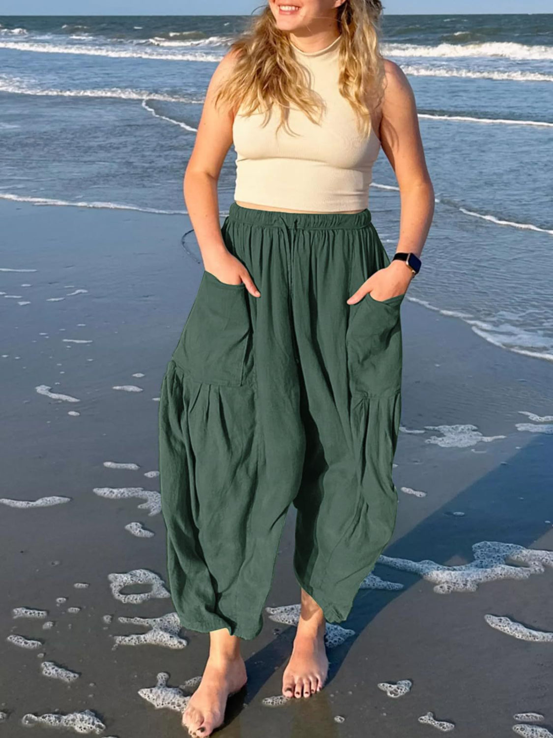 Drawstring pants with pockets plus size, opaque.