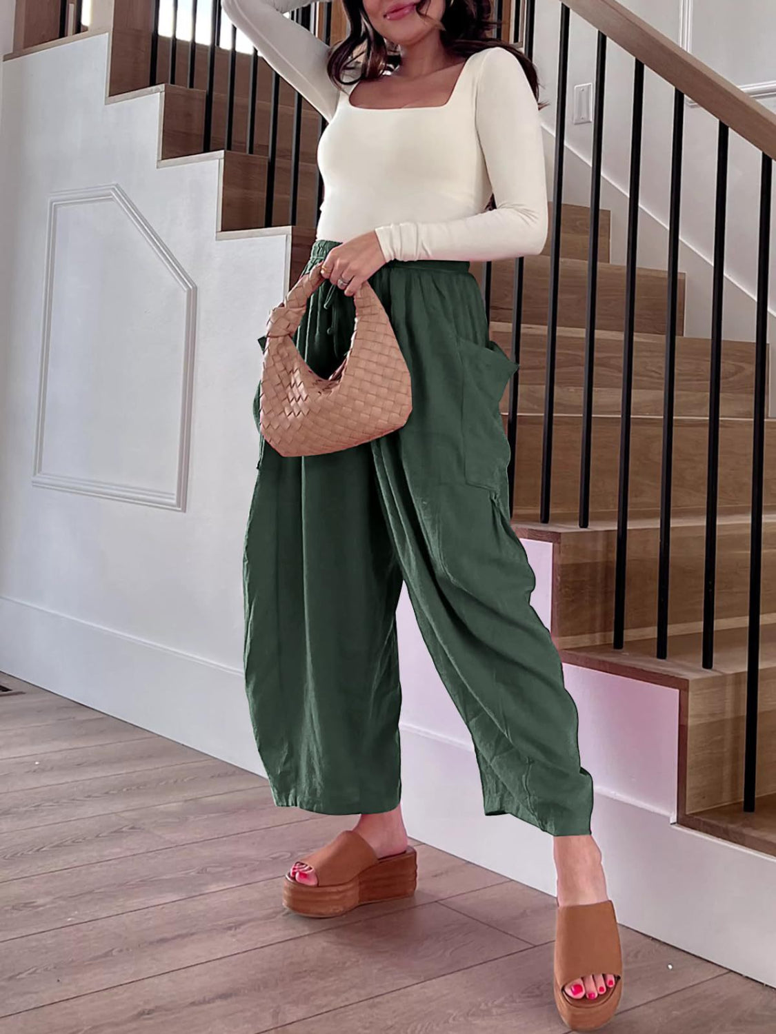 Drawstring pants with pockets plus size, opaque.