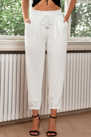 Drawstring paperbag waist cropped joggers, solid chic style.