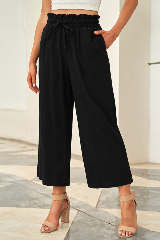 Drawstring paperbag waist wide leg pants, opaque.