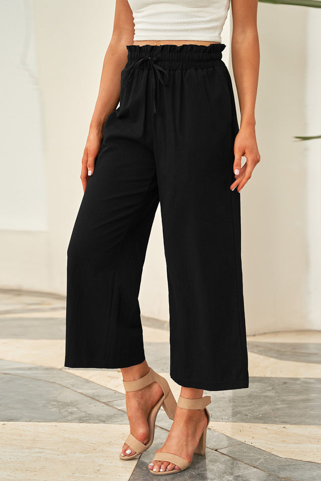 Drawstring paperbag waist wide leg pants, opaque.